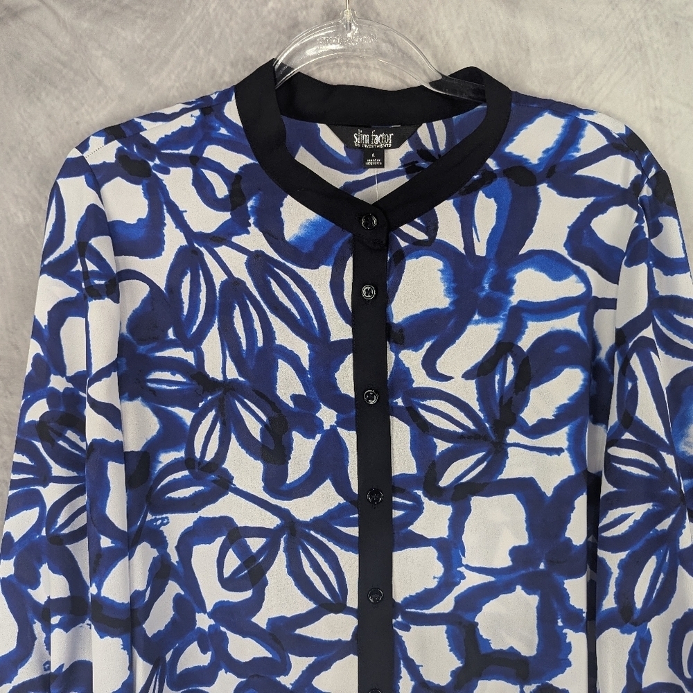 Slim Factor Large NWT Tunic Blouse Blue/Black/White Button Down - Picture 3 of 13